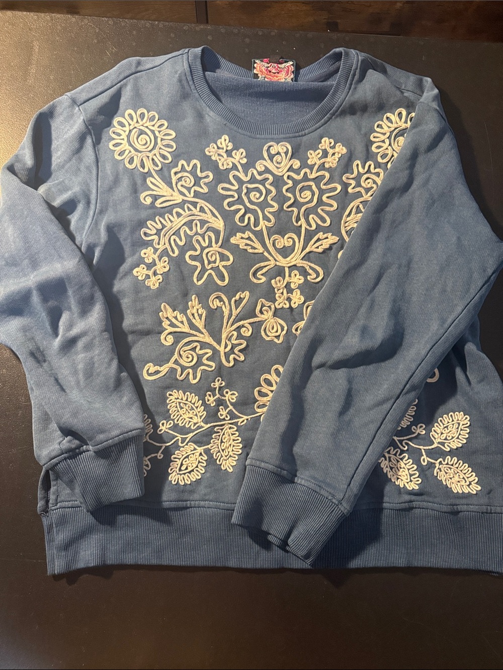 Johnny Was Blue Sweatshirt with Cream Embroidered Floral Design
